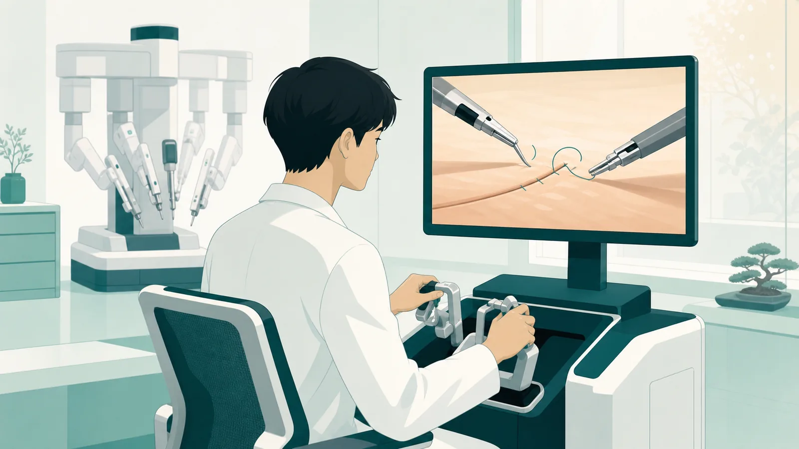 手術ロボットの操作レバーの前に研究者が座り、横の画面では縫合中の仮想手術場面が操作に合わせて変化している。実機ロボットは奥に静かに置かれ、仮想環境で練習していることが伝わる場面のイラスト