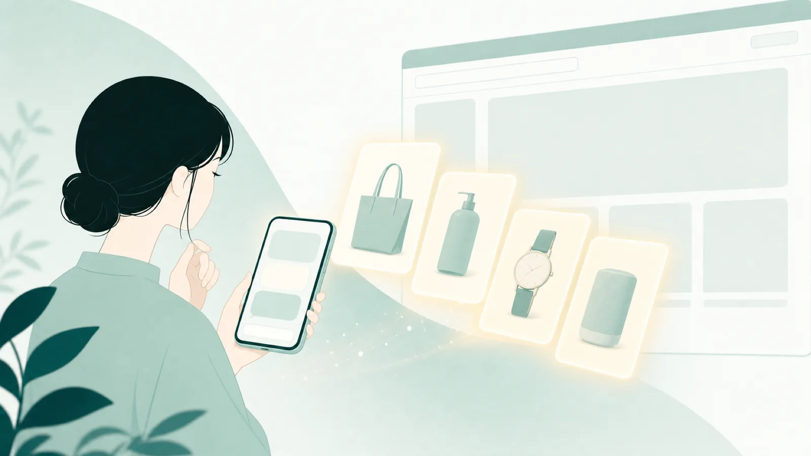 買い物客がスマートフォンのAIチャットに質問し、その横で複数の商品候補が光のカードのように浮かぶ。奥には小売サイトの画面があり、サイトへ行く前に候補が決まっていく様子を表すのイラスト