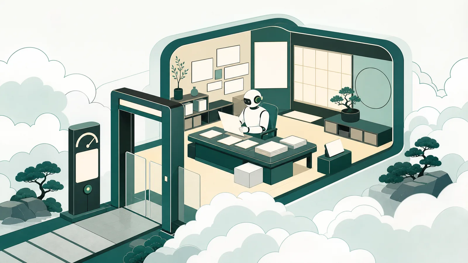 クラウド上の隔離された作業部屋で、AIエージェントが資料、コード、Web情報を扱い、その出入り口に検査ゲートと予算メーターが置かれている場面のイラスト