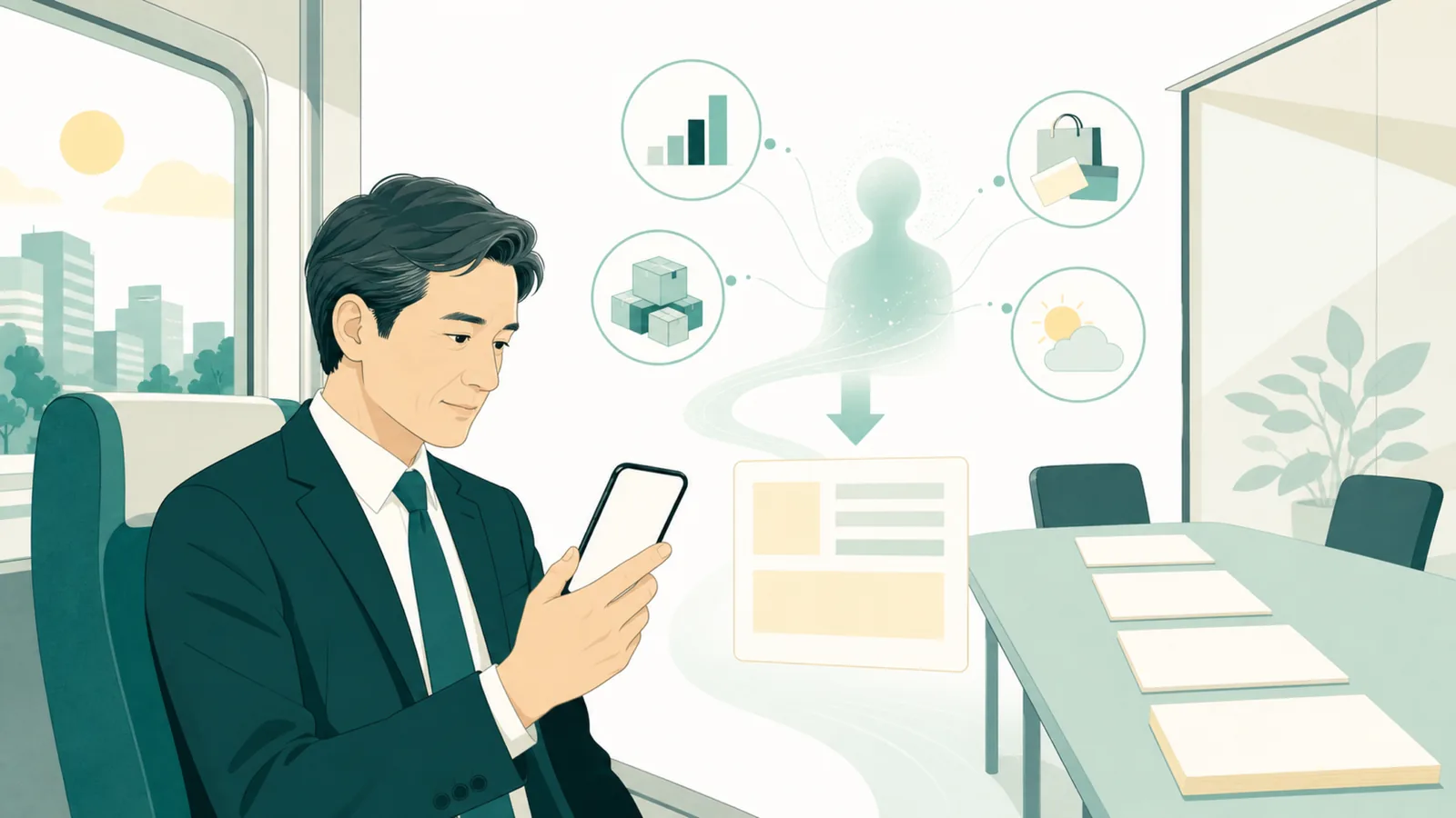 朝の通勤中の管理職がスマートフォンで短い経営レポートを読み、背後ではAIが売上、在庫、販促、天気の情報を束ねて推薦案を準備している場面。会議室には承認を待つ資料が置かれているのイラスト