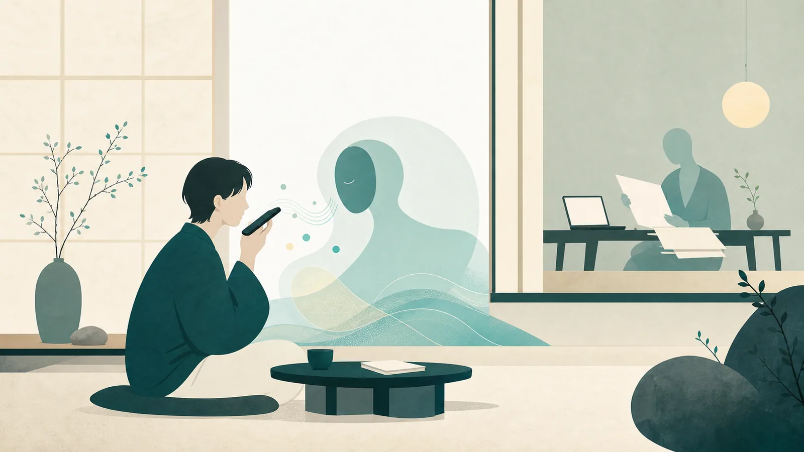 静かな部屋で、人がスマートフォンへ話している。AIの声は相づちを返しながら聞き、奥では調査担当のような別のAIが資料を調べている場面のイラスト