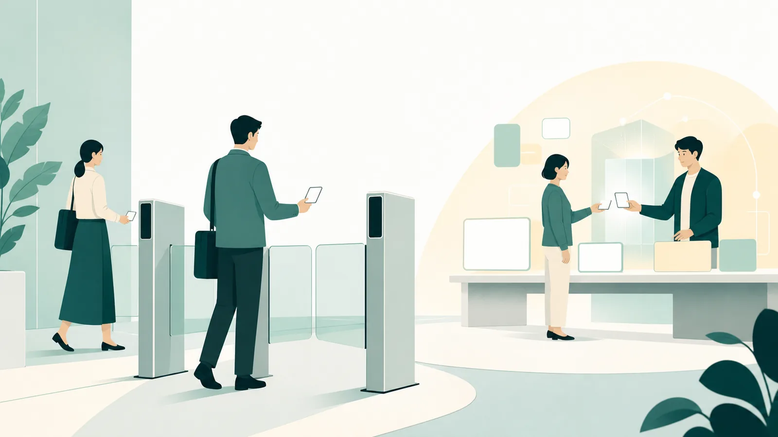 会社の受付のような安全ゲートの先に、AIの作業台が置かれている。社員は入館証のような権限カードで入り、AIが作った小さな業務アプリを人が受け取って確認しているのイラスト