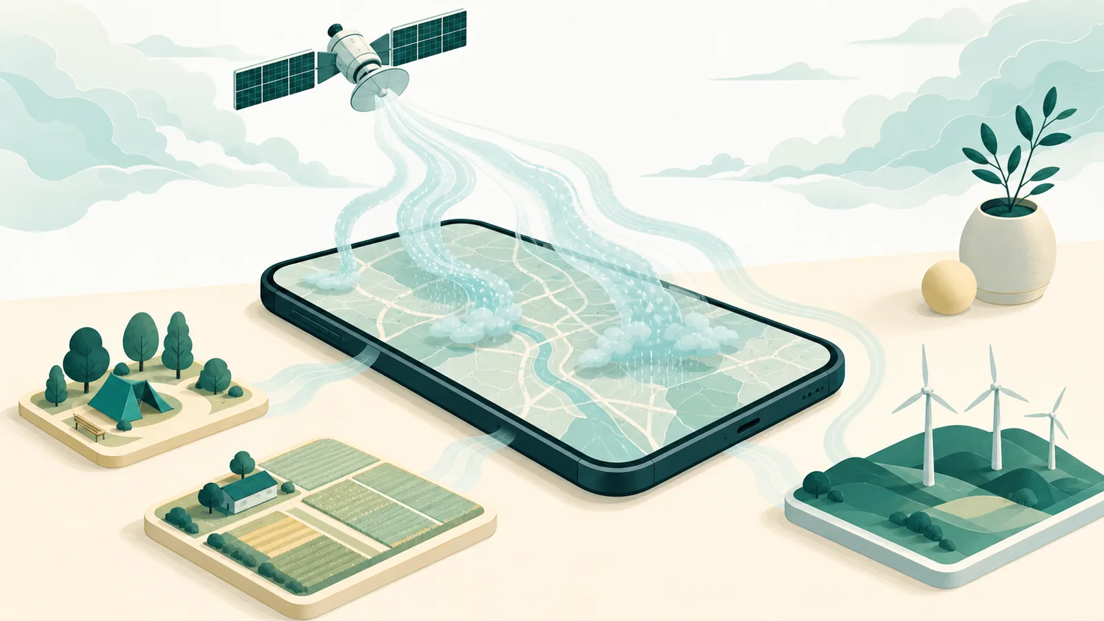 スマートフォンの地図に雨雲の細かな動きが重なり、上空の衛星から届く雲の帯が街の道路や山沿いへ流れ込む場面。机には外出予定、農地、風力発電の小さな模型が並び、同じ天気情報が暮らしと仕事へ届いているのイラスト