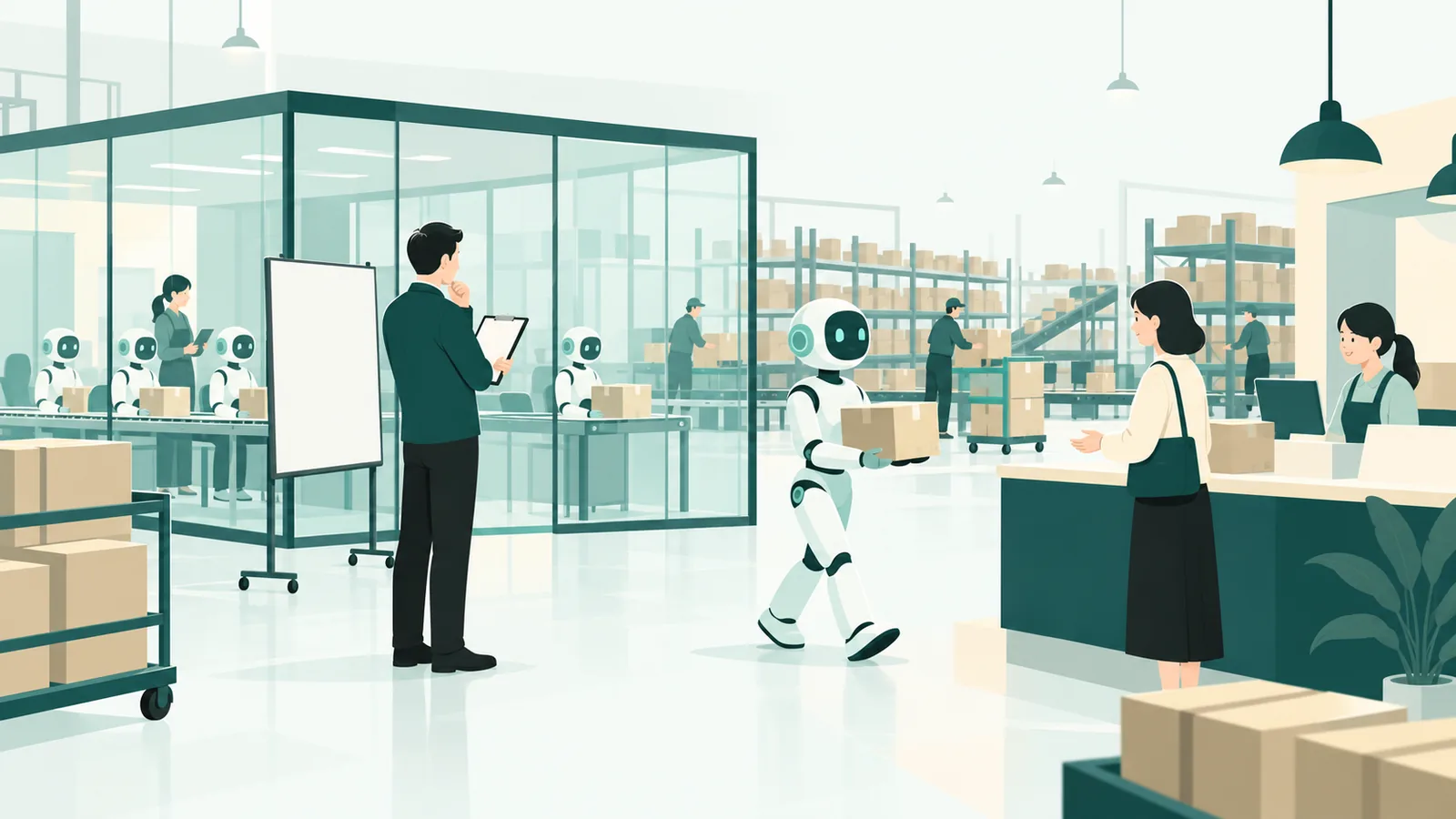 にぎやかな配送センターの一角で、AIの新人スタッフが透明な研修室から顧客窓口へ送り出され、監督者が評価シートと対応の流れを見守っている場面のイラスト