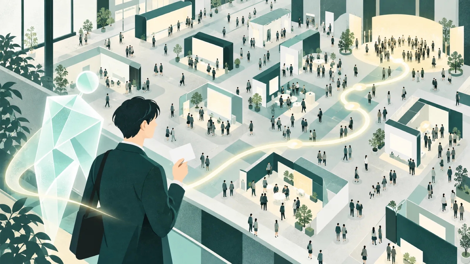 混雑したイベント会場を駅の案内図のように見立て、営業担当者が顧客カードを持って立っている。AIアシスタントが、近道ではなく重要な面談へ向かうルートを光で示している場面のイラスト