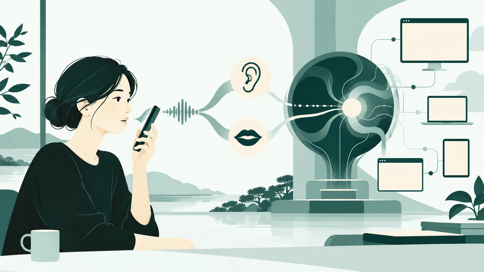 手前の人がスマートフォンに話しかけると、音声の波が同時に聞く耳と話す口へ分かれ、奥の大きな思考装置に難しい依頼だけ渡っている場面。仕事アプリの画面が静かにつながっているのイラスト