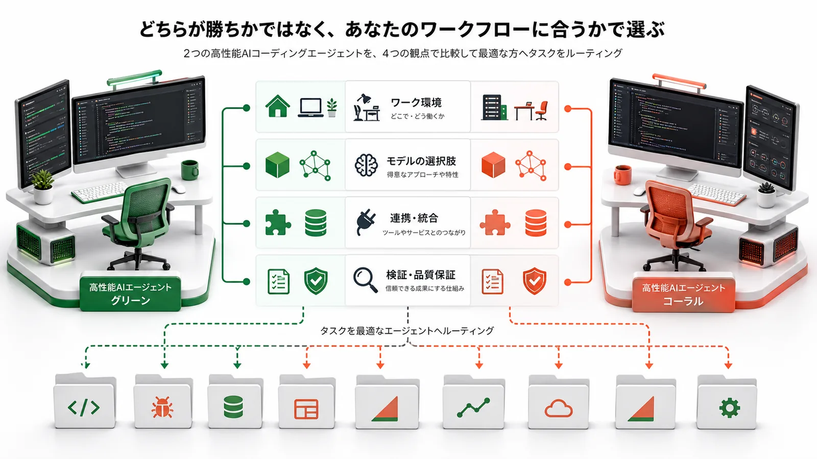 Claude CodeとCodexを作業環境と使い方で比較する図解